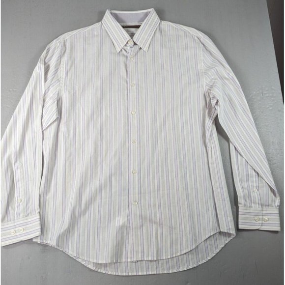 Perry Ellis Men's XL White Vertical Striped Long‎ Sleeve Button Down Shirt - Picture 1 of 9
